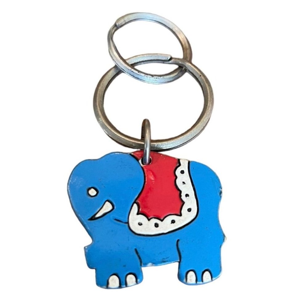 Vintage‎ Blue Elephant Keychain Key Ring Wooden Painted 1.5"